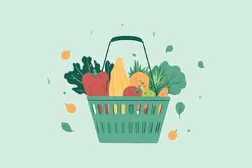 Poster - Fresh vegetables and fruits in a green shopping basket against a soft pastel background showcasing minimalistic design trends Generative AI