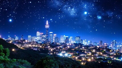 Night cityscape viewed from a hill, showing a vibrant city skyline illuminated under a breathtaking starry sky, featuring the Milky Way.