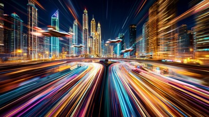 Wall Mural - metropolis of tomorrow with airborne cars and radiant neon lights