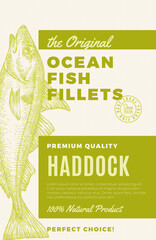 Wall Mural - seafood fish vector label design package background layout template. hand drawn haddock illustration