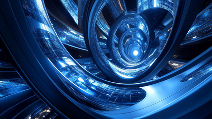 Abstract futuristic background with blue DNA-like structures.