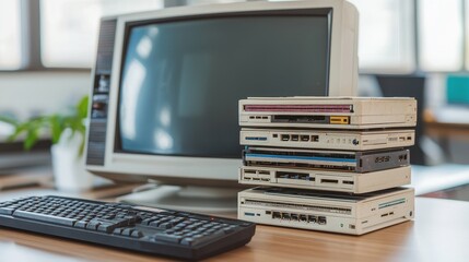 A vintage computer setup featuring an old monitor, keyboard, and stacked disc drives, reflecting retro technology aesthetics.