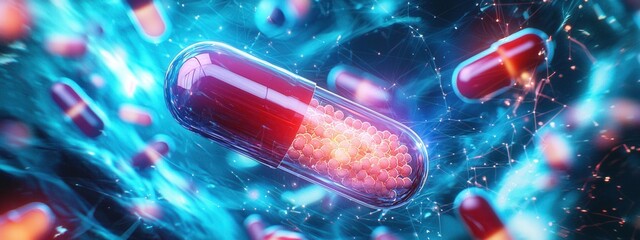 Wall Mural - vibrant capsule with particles floating in a digital environment
