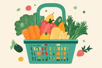 Poster - Green shopping basket filled with fresh vegetables and fruits in a soft pastel setting Generative AI