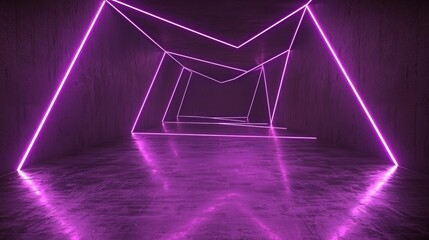 Luminous triangular metal structures line a futuristic cyber tunnel with a dark and ominous corridor interior
