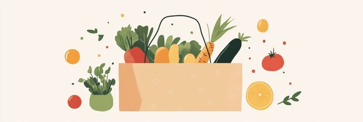 Poster - Modern illustration of an eco-friendly paper grocery bag filled with organic fruits and vegetables showcasing earthy colors Generative AI