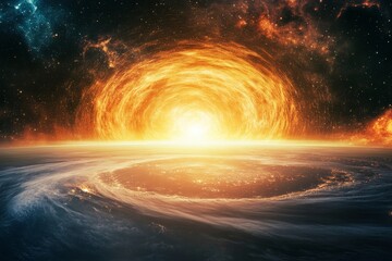 Wall Mural - A breathtaking view of a massive, fiery sun exploding in space, casting an awe-inspiring glow