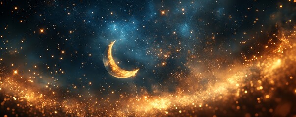 Wall Mural - A celestial scene with a crescent moon surrounded by glowing stars. The night sky is a mix of blue and gold, creating a mesmerizing effect