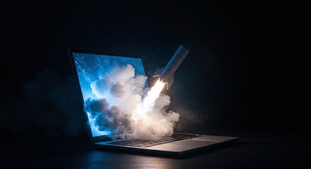 Digital Launchpad: A conceptual image of a rocket blasting off from a laptop screen, symbolizing innovation, progress, and technological advancement.
