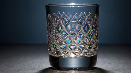 A mesmerizing visual of light diffraction through a drinking glass, creating playful reflections and colorful refractions.
