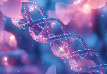 Wall Mural - colorful dna strands illuminated in purple and blue, displaying their unique double helix structure 
