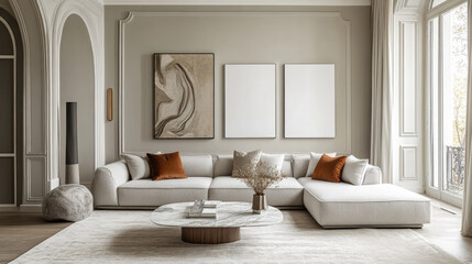 White empty posters frame above couch in modern living room with minimalist decor, neutral tones, and green indoor plants. Mockup. Copy space.