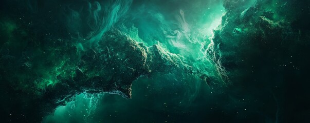 Wall Mural - an ethereal cosmic view featuring vibrant nebulas in shades of teal and dark green