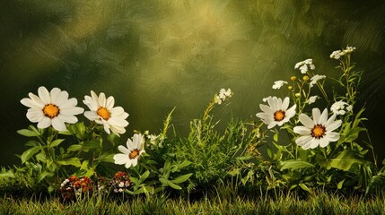 Wall Mural - green spring meadow with blooming white wildflowers, warm light and serene mood