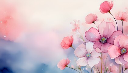 Aufkleber - pink flowers on a blue background. A delicate watercolor illustration of pink flowers on a pastel background with copy space.