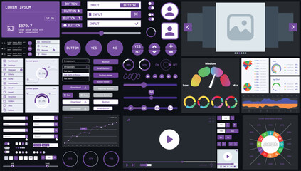 Wall Mural - a dark set of interface elements for web and mobile applications with modern icons, buttons, and gra