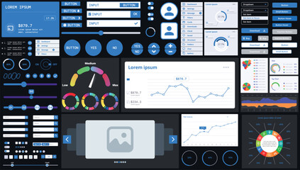Wall Mural - a dark set of interface elements for web and mobile applications with modern icons, buttons, and gra