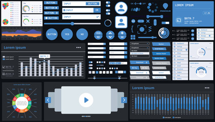 Wall Mural - a dark set of interface elements for web and mobile applications with modern icons, buttons, and gra