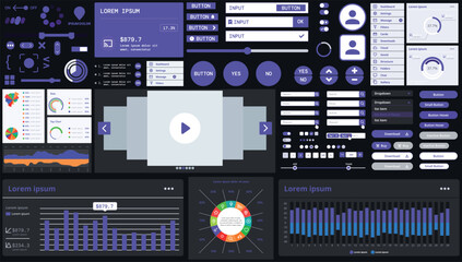 Wall Mural - a dark set of interface elements for web and mobile applications with modern icons, buttons, and gra