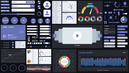 A dark set of interface elements for web and mobile applications with modern icons, buttons, and graphs, ideal for business analytics, finance, and data management.