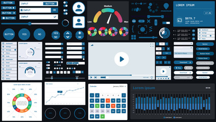 A dark set of interface elements for web and mobile applications with modern icons, buttons, and graphs, ideal for business analytics, finance, and data management.