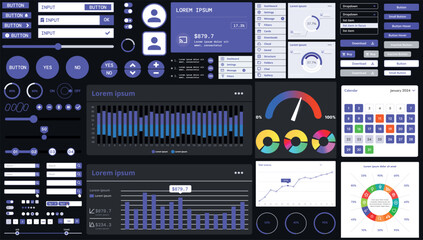 Wall Mural - a dark set of interface elements for web and mobile applications with modern icons, buttons, and gra