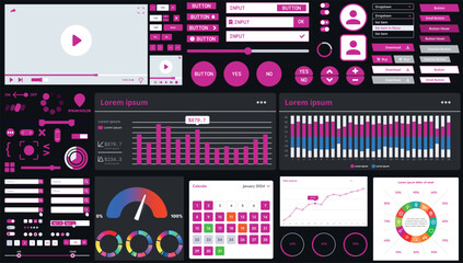 Wall Mural - a dark set of interface elements for web and mobile applications with modern icons, buttons, and gra