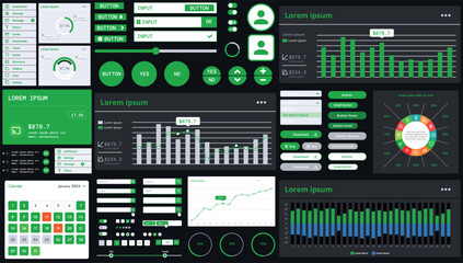 Wall Mural - a dark set of interface elements for web and mobile applications with modern icons, buttons, and gra