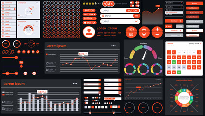 A dark set of interface elements for web and mobile applications with modern icons, buttons, and graphs, ideal for business analytics, finance, and data management.