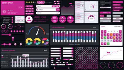Wall Mural - a dark set of interface elements for web and mobile applications with modern icons, buttons, and gra