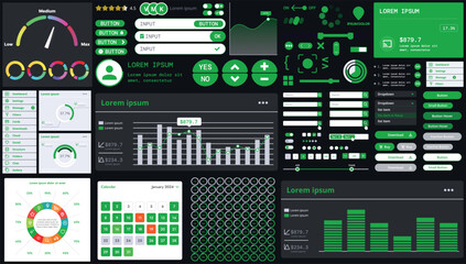 Wall Mural - a dark set of interface elements for web and mobile applications with modern icons, buttons, and gra