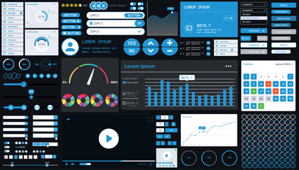 Wall Mural - a dark set of interface elements for web and mobile applications with modern icons, buttons, and gra
