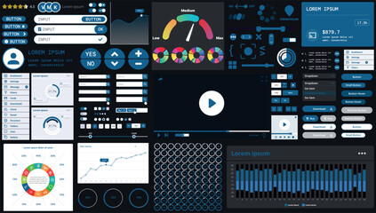 A dark set of interface elements for web and mobile applications with modern icons, buttons, and graphs, ideal for business analytics, finance, and data management.