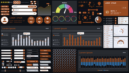 A dark set of interface elements for web and mobile applications with modern icons, buttons, and graphs, ideal for business analytics, finance, and data management.