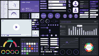 Wall Mural - a dark set of interface elements for web and mobile applications with modern icons, buttons, and gra
