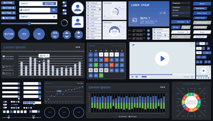 A dark set of interface elements for web and mobile applications with modern icons, buttons, and graphs, ideal for business analytics, finance, and data management.