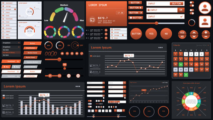 A dark set of interface elements for web and mobile applications with modern icons, buttons, and graphs, ideal for business analytics, finance, and data management.