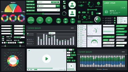 Wall Mural - a dark set of interface elements for web and mobile applications with modern icons, buttons, and gra