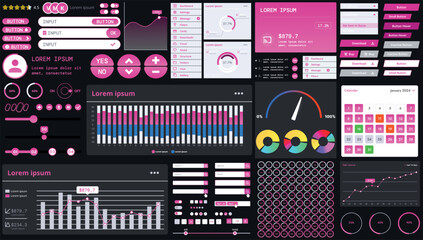A dark set of interface elements for web and mobile applications with modern icons, buttons, and graphs, ideal for business analytics, finance, and data management.