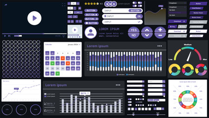 A dark set of interface elements for web and mobile applications with modern icons, buttons, and graphs, ideal for business analytics, finance, and data management.