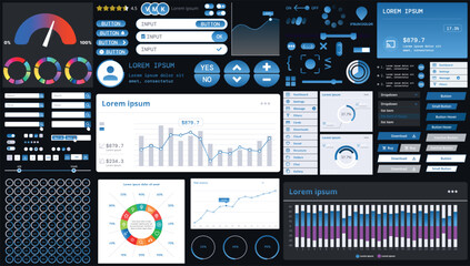 A dark set of interface elements for web and mobile applications with modern icons, buttons, and graphs, ideal for business analytics, finance, and data management.