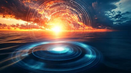 Wall Mural - Vibrant Sunset Over Ocean With Glowing Circular Lights