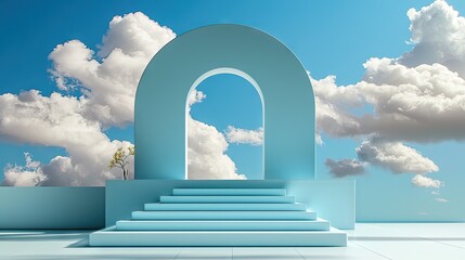 Wall Mural - minimal blue scene with floating white clouds and a round shape in the center, modern display
