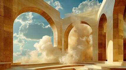 Wall Mural - soft beige smoke and cloudy sky meeting modern arches, abstract composition