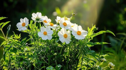 Wall Mural - soft sunlight on white wildflowers set in a lush green field, quintessential spring mood