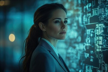 Aufkleber - A businesswoman contemplates a futuristic digital interface, showcasing technological advancement and innovation.