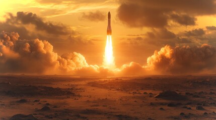 Aufkleber - A rocket ascends rapidly, leaving a trail of fire and smoke against a stunning sunset backdrop, signaling successful liftoff and propulsion toward orbit.