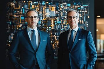 Aufkleber - Two confident businessmen stand before a technological backdrop, symbolizing leadership and innovation in the digital age.