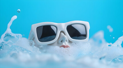 Wall Mural - Closeup of White Face with Sunglasses in Blue Water with Bubbles