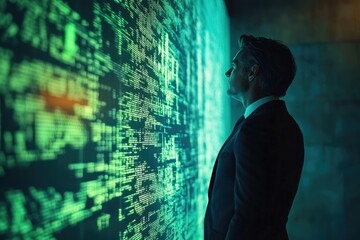 Leinwandbilder - A businessman contemplates a large screen displaying lines of green code, symbolizing data analysis and technological innovation.
